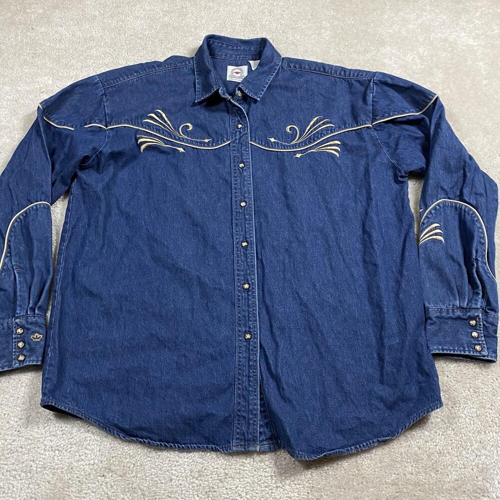VTG MidWest Garment Co Shirt Mens L Blue Denim Western Pearl Snap Embroidered